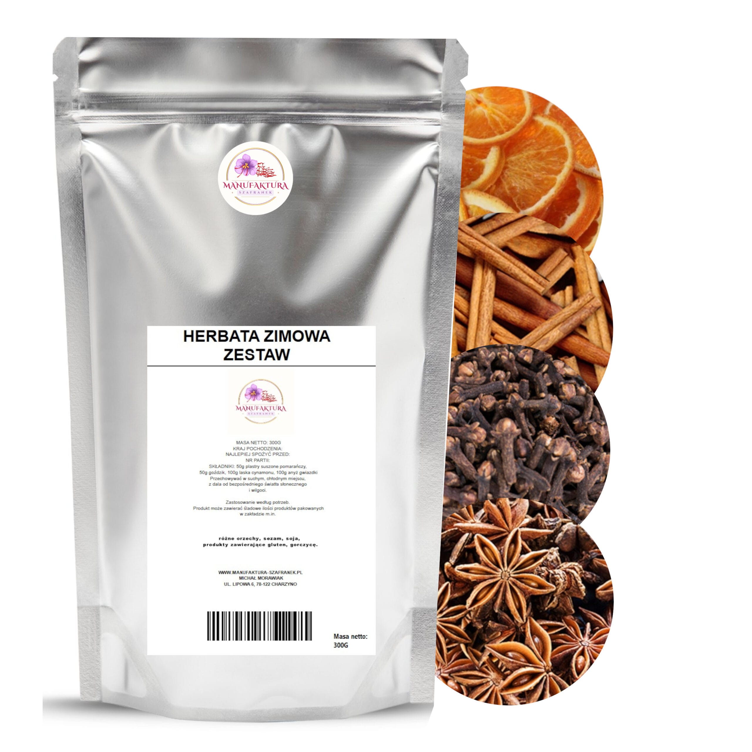 ZESTAW ZIMOWY CYNAMON LASKA ANYŻ GOŹDZIKI POMARAŃCZE 300G DO GRZAŃCA